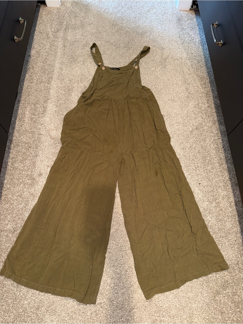 Olive Green Wide-Leg Jumpsuit Overalls COTTON/LINEN BLEND